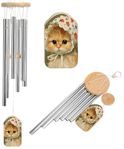 Windspiel mit bezaubernder Katze in einer Vintage-Landhaube, Gedenkspiel, tiefer Ton, Windspiel mit 6 Aluminiumrohren, Outdoor-Hinterhof, Gartendekoration
