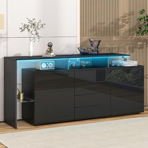 Merax Sideboard Beistellschrank mit LED-Leuchten, Hochglanz Schwarz Kommode mit 2 Tür & 4 Schubladen, Moderne Buffetschrank mit viel Stauraum, für Wohnzimmer, Esszimmer, Eingangsbereich, 160x35x70cm