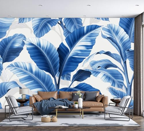 ZISTRCBAO Papier Peint Panoramique Soie Motif Feuille De Bananier Bleue, Murales Panoramique Plante Tropicale Aquarelle, Décoration Murale Pour Salon Chambre Restaurant Décoration 350x256cm
