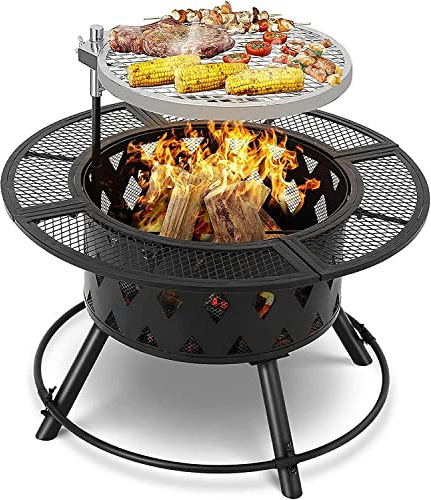 BKSXSOP Gartenfeuerstelle, Grillstelle für Terrasse und Garten, Holzfeuerstelle aus Metall, quadratischer Ofen mit Grillrost