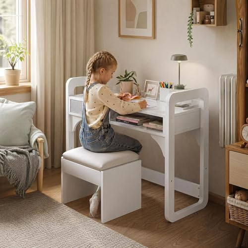 GarveeMore Kinderschreibtisch Mit Stuhl Set, Höhenverstellbarer Kindertisch Mit Stauraum, Ergonomischer MDF Holz Basteltisch Maltisch Ab 3-8 Jahre, Schreibtisch Kinderzimmer Mädchen Jungen, Weiß