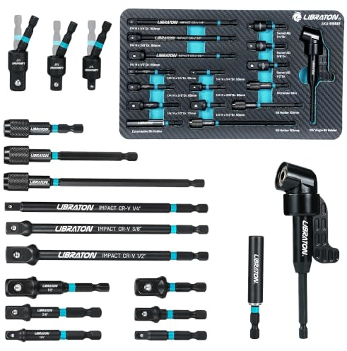 LIBRATON 17 delar hylsadapter, set, slagnyckel adapter 1/4 tum 3/8 tum 1/2 tum, quick release förlängning, magnet bitshållare, 360° universell fog, 105° vinkelskruvmejsel för batteridriven