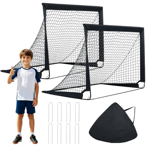 COSTWAY Portable Football Goals Set of 2, 4 x 3 ft Pop Up Soccer Nets | with Carry Bag, 8 Ground Stakes, Foldable Kids Football Training Equipment for Garden, Park, Beach
