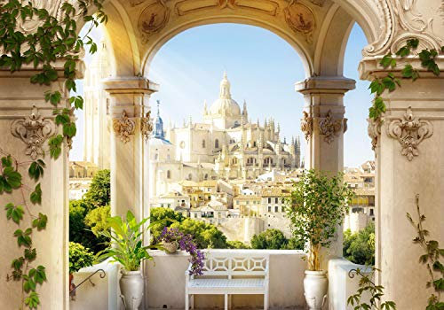 wandmotiv24 Photo murale Colonnes vue sur la ville avec terrasse XS 150 x 105cm - 3 pièces photo, papier peint non tissé Vieille ville, grès, vue M1094