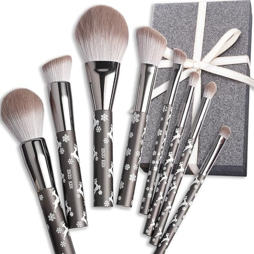 ENZO KEN Natürliches Ziegenhaar Make-up Pinsel Set mit Kosmetiktasche, 10 Stück Extra Weiches Haar Lidschatten Pinsel Set für Gesicht, Augen, Schneeflocke Rentier Weihnachten Geschenk Set.