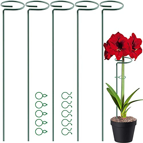 HiGift 17 inch Plant Support Stakes, 4mm Thick Garden Single Stem Flower Support Stake Amaryllis Plant Cage Support Rings with 10 pcs Plant Clips for Tomato Orchid Lily Peony Rose Flower Stem-5 Pack