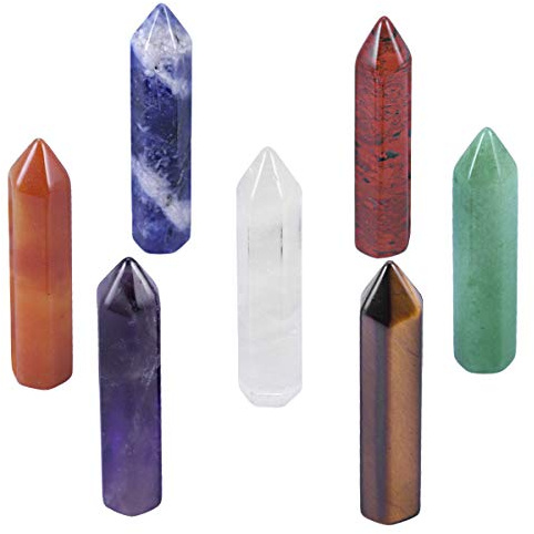 SUNYIK 7 Chakra Mini Single Points Wand Kit, Gemstone Hexagram Healing Crystal Point Chakra Reiki Meditation Therapy Decoration