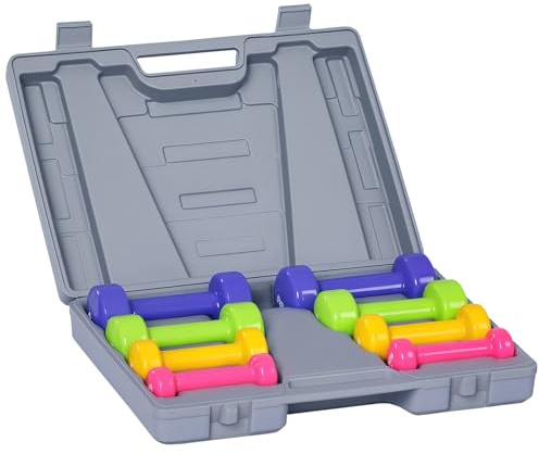 HOMCOM Manubri Pesi, Set Manubri Palestra da 10kg con Valigetta 4 Paia di Manubri Colorati (2x0.5kg, 2x1kg, 2x1.5kg, 2x2kg)