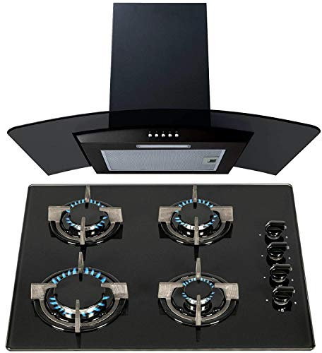SIA 60cm Black 4 Burner Gas On Glass Hob And Smoked Curved Glass Cooker Hood Fan