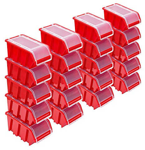 Set med staplingsbara lådor – 20 x stapelbara lådor med lock, 195 x 120 x 90 mm – genomskinlig låda, stapellåda, förvaringslåda, röd