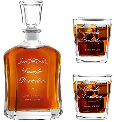 Maverton Set Decanter per Whisky in vetro, da 700ml | Incisione personalizzata, Caraffa+2/ 4/ 6 bicchieri, Regalo per l'anniversario per la coppia di sposi o fidanzati, Primula