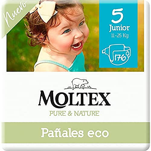 Moltex Pure & Nature Ökologische Windeln, Größe 5 (13-18 kg), 176 Windeln (4 Beutel à 44 Stück), weiß mit gedrucktem Design