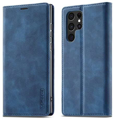 QLTYPRI Hülle für Samsung Galaxy S22 Ultra, Vintage Matte Handyhülle mit Kartenfach Geld Slot Ständer PU Ledertasche TPU Bumper Flip Schutzhülle Kompatibel mit Samsung Galaxy S22 Ultra - Blau
