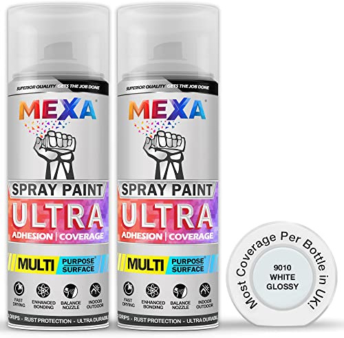 Mexa Spray Paint | White Glossy | Perfect for Radiator, Plastic, Fabric, Metal, Bike, Marking | 2 x 400ml | RAL 9010 | Double Pack