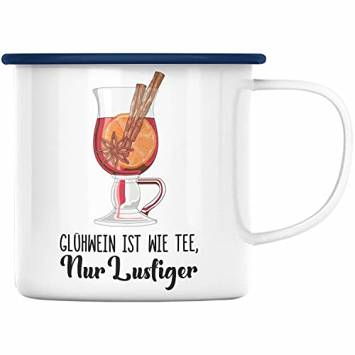 Trendation - Glühwein Emaille Tasse Lustig Spruch Glühweinbecher mit Henkel Doppelwandig GlühweinEmaille Tassen Gläser Weihnachtsmarkt Becher Emaille Tassen Geschenk - Wie Tee Nur Lustiger (Blau)