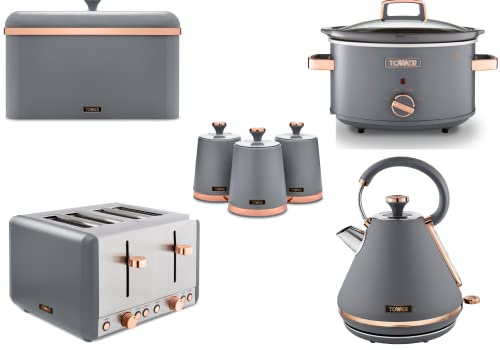 Tower Cavaletto 3KW 1.7L Pyramid Kettle, 4 Slice 1800W Toaster, 3.5L Slow Cooker, Bread Bin and Set of 3 Canisters in Grey & Rose Gold. Contemporary Matching Kitchen Set of 7 Items