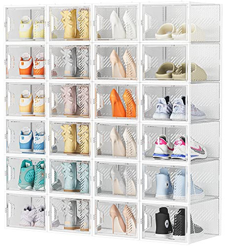 SIMPDIY Schuhboxen Stapelbar Transparent, 24er Pack Schuhkarton mit Deckel, Schuhaufbewahrung für Stöckelschuhe, Stiefeletten, Pumps, High Tops, bis Größe 46