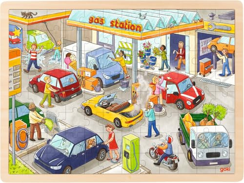 goki 57337 - Einlegepuzzle Tankstelle - 96 robuste Teile aus Holz - buntes Farbdesign mit detailreichem Tankstellen Motiv