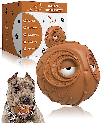 Mewlmart Giggle Ball for Dogs Owl Dog Toys for Aggressive Chewers Dog Ball Toy for Puppy Medium Large Dogs Natural Rubber Cute Owl Hoot Fun Giggle Sounds When Rolled or Shaken(Brown New)