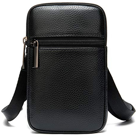 Herren Umhängetasche Leder Schwarz, Handytasche Zum Umhängen, Gürteltasche Klein, Schultertasche Handy Tasche, Messenger Bag Reisegepäck Smartphone Tasche