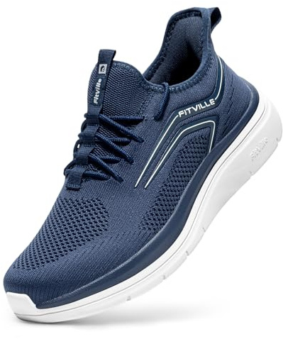 FitVille Mens Extra Wide Trainers Mesh Sneakers, Dark Blue, 9 Wide