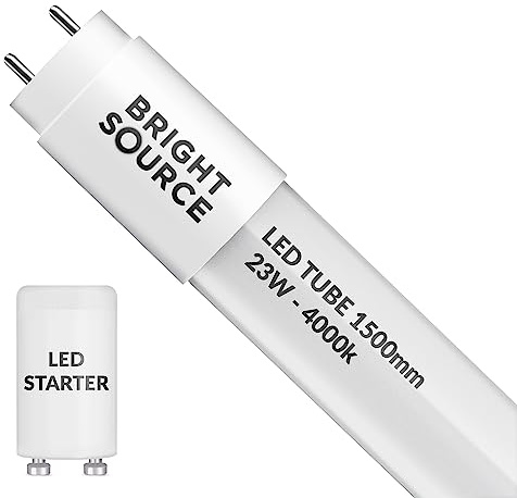 Bright Source 5ft (1500mm) 23w LED T8 Tube, 2070lm, 4000K Cool White, Replacement for 58w T8 Fluorescent, Starter Included - Direct Mains or for use with Switch Start Fitting with Magnetic Ballast