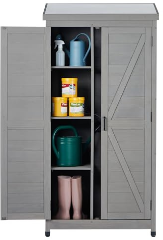 68''x33''x20'' Outdoor Wooden Storage Shed with Metal Top Tall Vertical Tool Cabinet for Backyard Garden Patio Lawn (Grey)