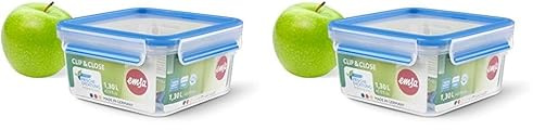 Emsa N10113 Clip & Close Frischhaltedose | quadratisch | 1,3 Liter | Clip-Verschluss | Kunststoff | Transparent/Blau (Packung mit 2)