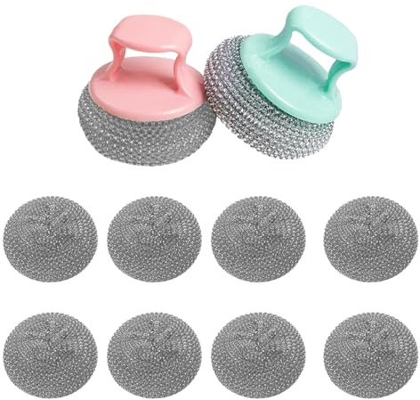 DSFSAEG Stainless Steel Scourers, 10 Pcs Kitchen Sponges Scourer Set with 2 Handle, Cleaning Steel Wool Pads, Kettle Descalers Wire Ball for Pots, Pans, Brushes, Hobs, Grills, Bathrooms