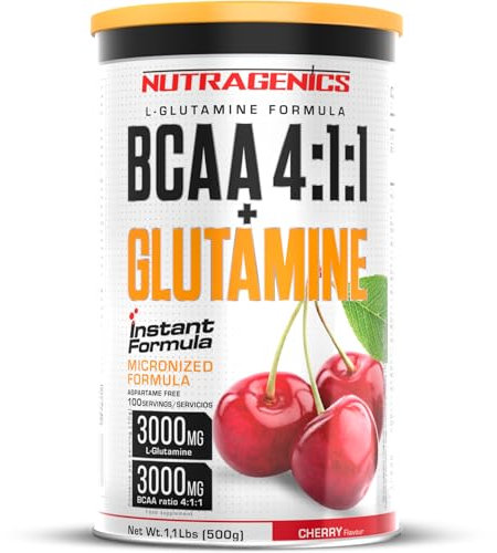 Nutragenics BCAA 4 1 1 + Glutamine - BCAA Glutamine - BCAA Glutamine - BCAA 4 1 1 en poudre et glutamine aromatisée - 500 g (cerise)
