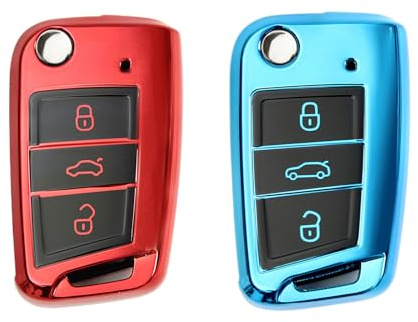 2 Stück Autoschlüssel Hülle, Schlüsselbox ,Autoschlüssel Schutzhülle kompatibel mit VW Golf 7、Polo、Tiguan、Skoda 3-Tasten Schlüsselhülle (Rot + Blau)