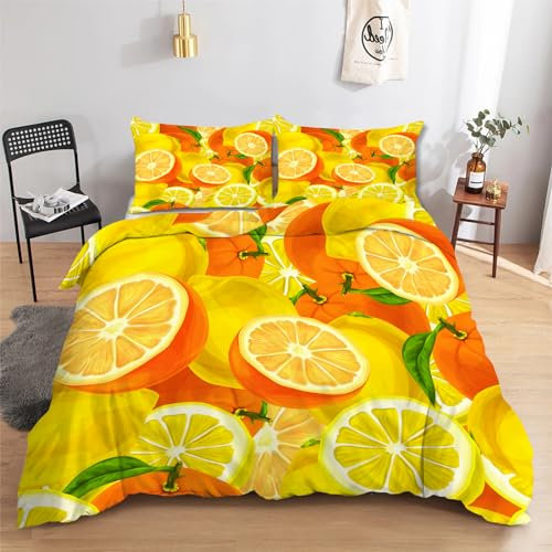 CCZM Bettwäsche 135x200 Orange Microfaser Bettbezüge Set Obst 3 Teilig, Weich Atmungsaktiv Bettbezug Zitrone und 2 Kissenbezug 80x80 cm mit Reißverschluss