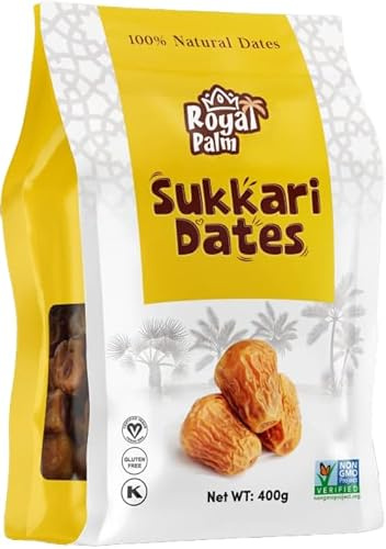 Royal Palm Sukkari Dates 400g Pack – Soft Golden Whole Dates - 100% Natural, No Added Sugar, High Fiber, Healthy Vegan Snack, Fresh, Non-GMO – Rich Flavor & Dietary Fiber