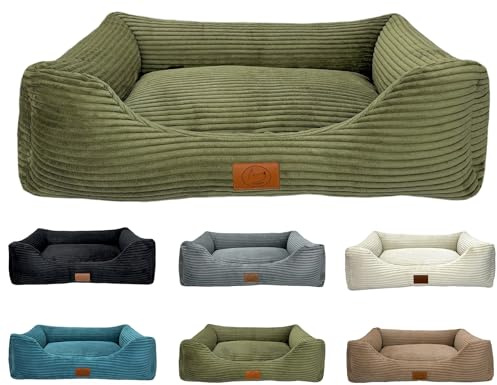 elropet Hundebett orthopädisch aus Kuschel Cord XS/S/M/L/XL kleine Hunde große Hunde Hundekorb (Olivegrün, S (75x55x20cm))