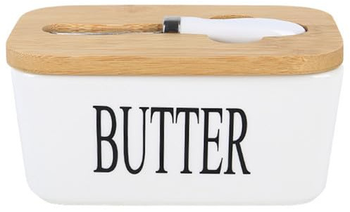 Ceramic Butter Dish with Wooden Lid and Stainless Steel Knife, Multifunctional Large Butter Container Butter Box with Double Silicone Seals Design for Butter, Nuts, Cheese (White)