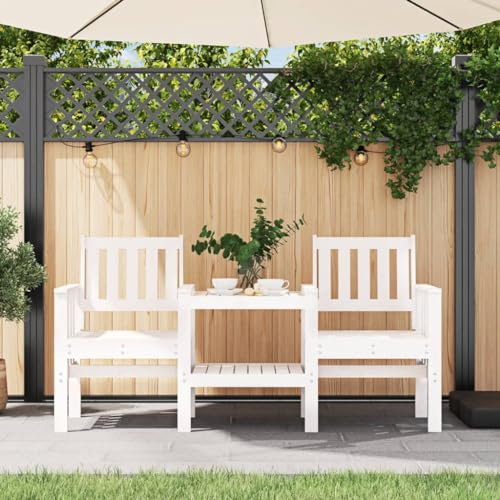 KLYEON Gartenbank mit Tisch 2-Sitzer Weiß Massivholz Kiefer,Romantische Gartenbank aus massivem Kiefernholz mit integriertem Tisch Terrassen Sitzmöbel