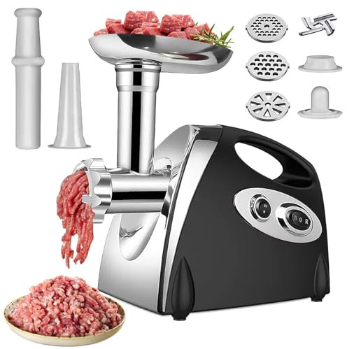 2800W Hachoir Viandes Électrique,3-IN-1 Hachoir à viande électrique Multifonction avec 3 Plaques De Coupe En Inox, Kubbe Et Tubes De Remplissage Pour Saucisses, pour Kebbés et Saucisses (Noir)