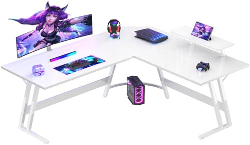 Devoko Gaming Tisch L Form mit Monitorständer, Eckschreibtisch für Gamer, Gaming Schreibtisch L Form, Groß Pc Computertisch, 150 x 130 cm, Kohlefaser Weiß