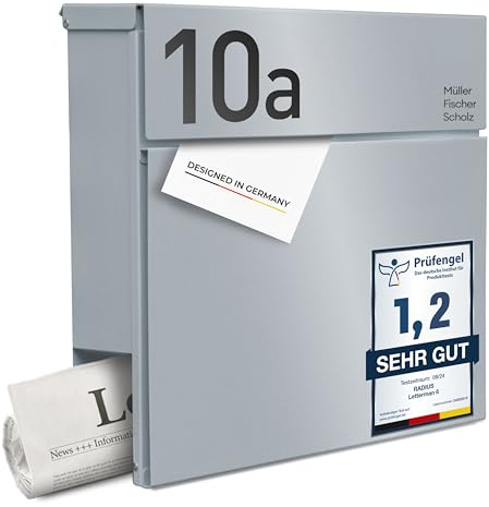 Radius Designer Briefkasten Letterman 6 Silber – personalisierte Lasergravur - wetterfester pulverbeschichteter Stahl - mit Zeitungsfach - inkl. Montageset - 10 Jahre Funktions- & Korrosionsgarantie