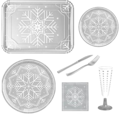 Kit Vajilla de cartón con decoración de Navidad para 12 personas – Pack para 12 personas. (Winter Plata)