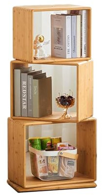 RKJDMSWJ Rotating Bookshelf Tower for Small Spaces,360 Revolving Book Shelf Large Capacity Cube Storage Organizer,2/3/4 Tier Rotating Bamboo Bookcase,2 in 1 Nightstand Lattice Shelf Book Cabinet.(3-T