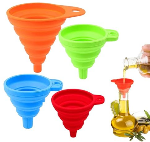 4 Stück Faltbarer Silikon Trichter,Silikon Trichter,Silikontrichter Küche,Silikontrichter Küchen Zusammenklappbarer,Tragbarer Faltbar Mini Trichter Set,für Bier Flüssigkeiten Übertragung (S/M/L/XL)