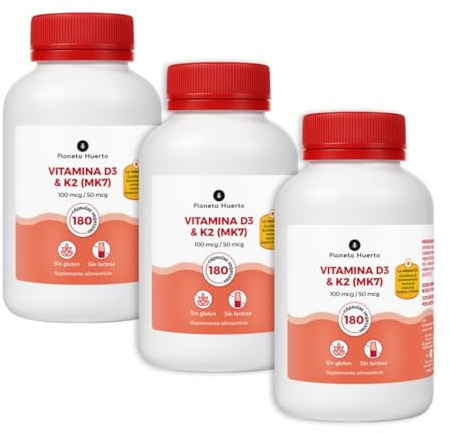 PLANETA HUERTO | Pack 3x Vitamina D3 & K2 (Mk7) 180 Cápsulas – Combinación Óptima para la Salud Ósea – Favorece la Absorción de Calcio y la Mineralización de los Huesos