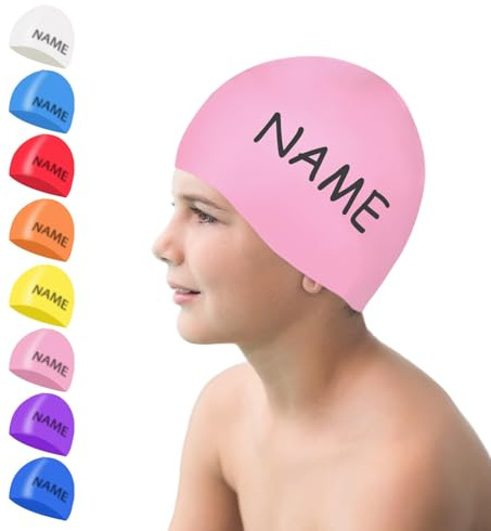 Bonnet de Bain Enfant Personnalisé Motifs Noms Silicone Bonnet de Piscine Enfant Prenom Personnalisée Garçons Filles (Rose, M)