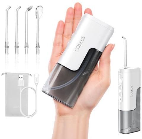 COSLUS Mini Water Flosser for Travel: Portable Compact Design - Removable Tank for Easy Cleaning - 4 Modes IPX7 Electric Flosser for Braces/Orthodontic/Sensitive Gums On-The-Go Use, Ｗhite(T40)