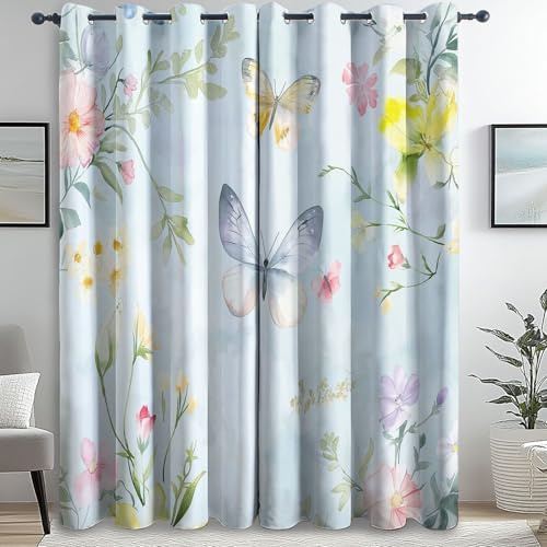 Blickdichte Vorhänge mit Ösen Aquarell Schmetterling Blumen H 245 x B 100 cm (2er Pack) Verdunkelungsvorhang Kälteschutz Vorhänge Dekoschal Deko Gardinen für Schlafzimmer Wohnzimmer Blau Gelb