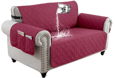 QQJIN 100% wasserdichter Sofabezug 2-Sitzer, rutschfester Sofa-Schonbezug mit 6 Seitentaschen, Sofaschoner mit verstellbarem Gummiband für Kinder, Hunde, Rot, 2-Sitzer