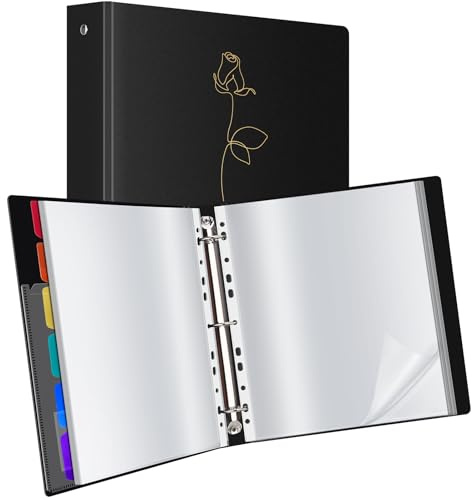 Uquelic Classeur de présentation à anneaux A4 avec 50 pochettes perforées et 6 pages intercalaires, pochettes en plastique pour documents, certificats, reçus, imprimé rose doré