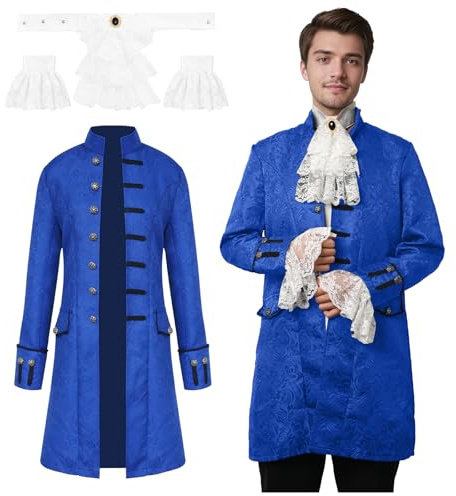 JDFAIJEAL Herren Steampunk Vintage Gothic Tailcoat Mantel,Mittelalter Viktorianischen Gehrock Renaissance Jacke, Karneval Halloween Fasching Cosplay Uniform Kostüm (Blau, XL)