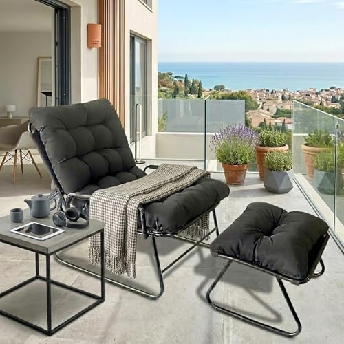 FUOIDYE Loungesessel Outdoor, Gartenliege Liegestuhl Balkonsessel mit Hocker, Relaxsessel Garten, Auflage Abnehmbar, 5-Positionen Liegefunktion für Wohnzimmer,Terrasse, Studie, bis150kg (Grau)